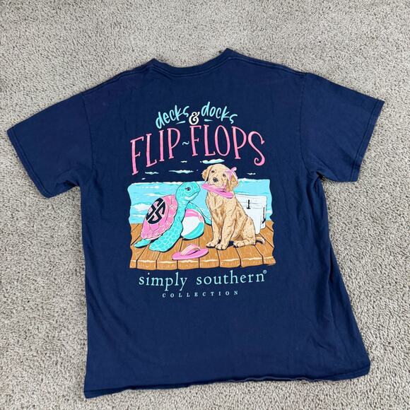 Simply Southern Shirt Womens Large Blue Decks Docks Flip Flops Dog Turtle READ - Picture 2 of 12